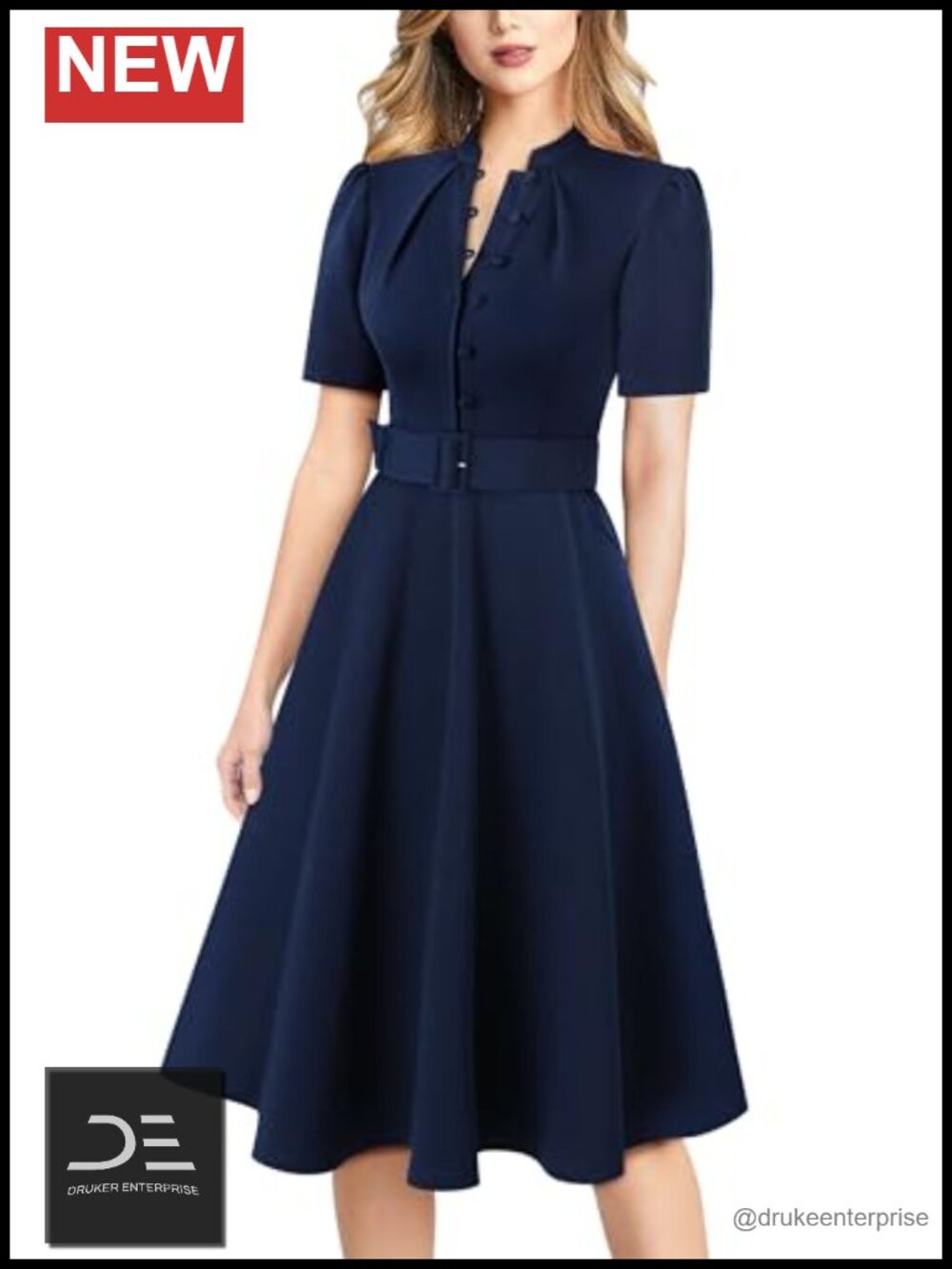 Women's Business Work Office Belted A-Line Midi Dress with Pockets